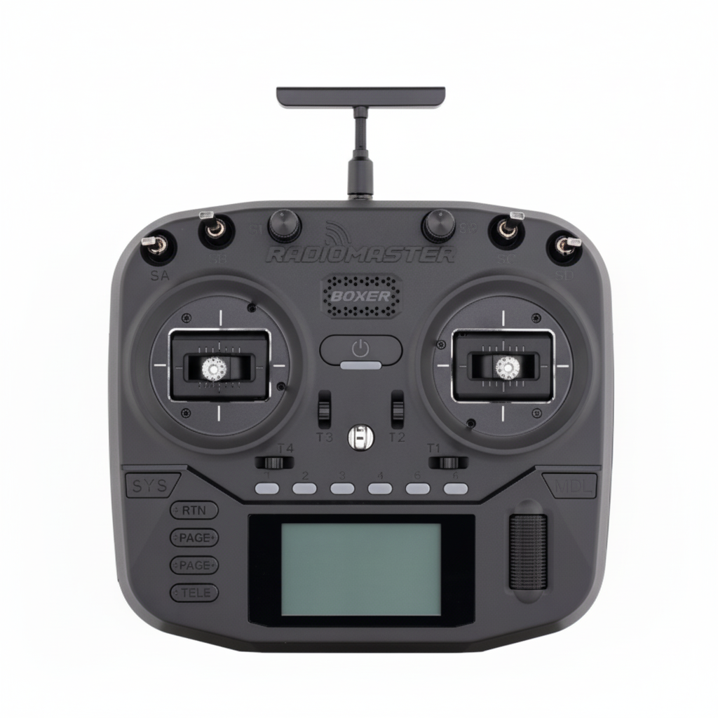 Black RadioMaster remote control with antennas on a white background