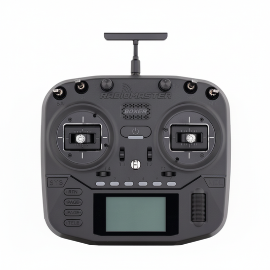 Black RadioMaster remote control with antennas on a white background