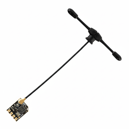 Black antenna and electronic module on a white background