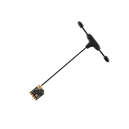 Black antenna with a small electronic module on a white background