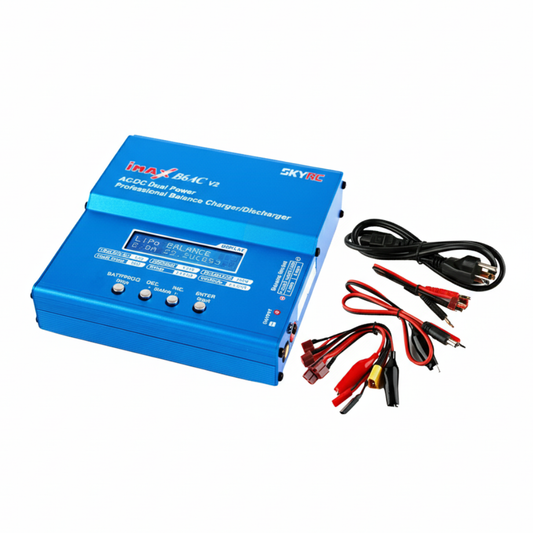 Blue battery charger with cables on a white background