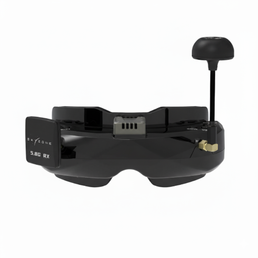 Black drone goggles with antenna on a white background