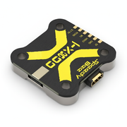 Black and yellow electronic component with branding on a white background