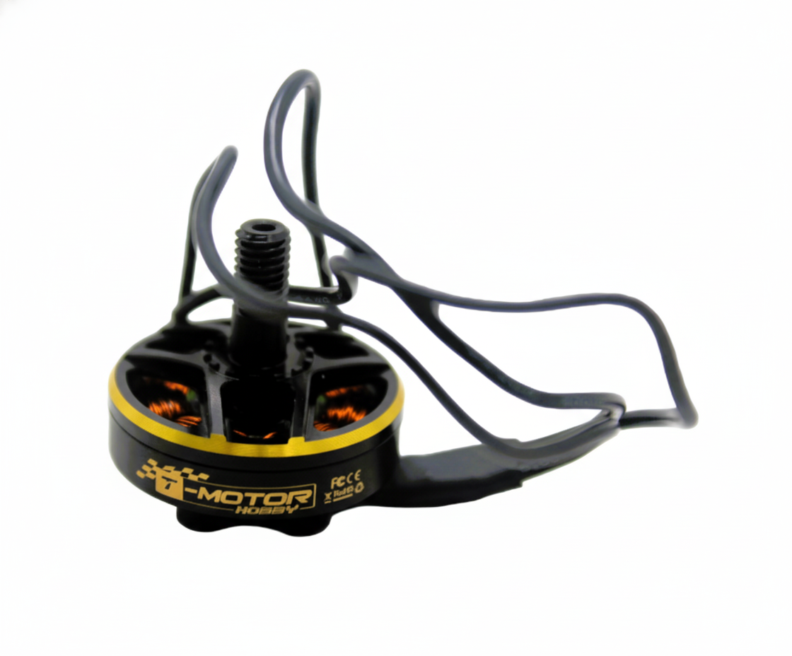Black and yellow brushless motor with propeller guard on a white background