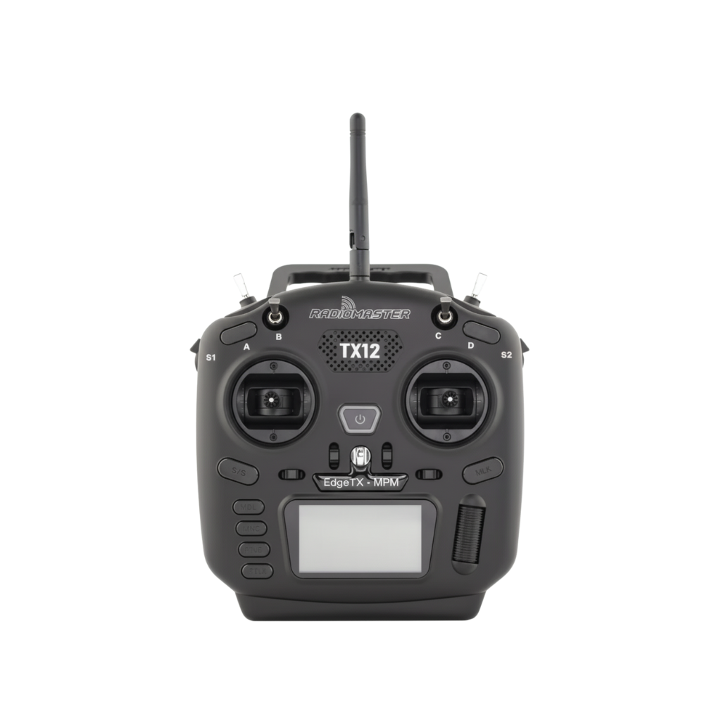 Black radio control transmitter with 'Radiomaster' branding on a white background