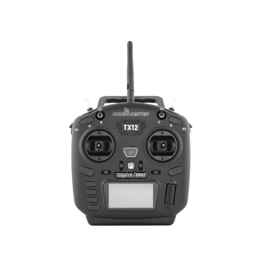 Black radio control transmitter with 'Radiomaster' branding on a white background