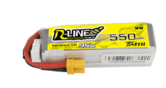 R-Line battery pack with yellow label on a white background