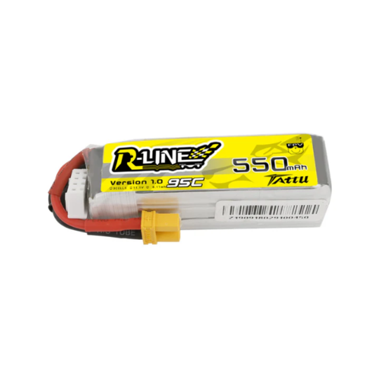 Tattu R-Line battery pack with yellow label on a white background