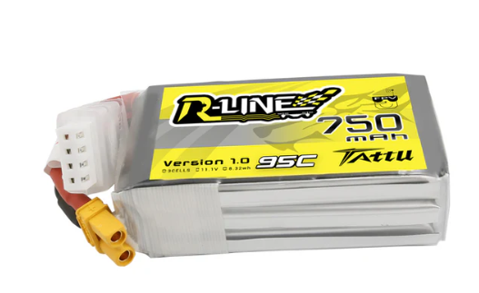 Tattu R-Line LiPo battery pack with yellow and black label on a white background