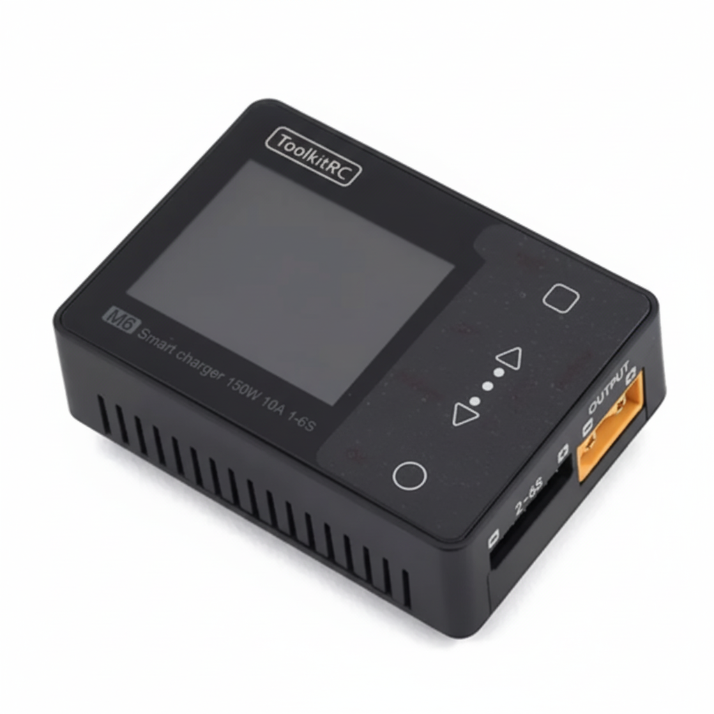 Black electronic device with display and buttons on a white background