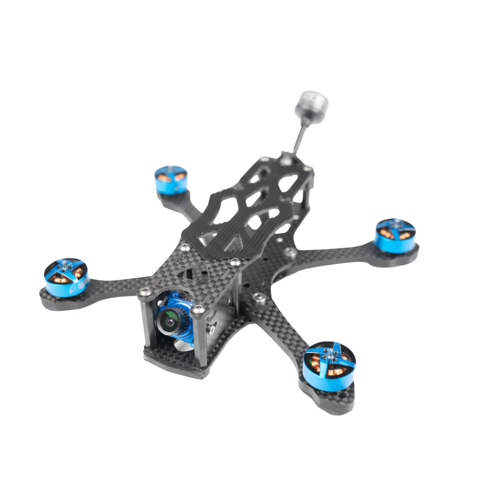 Carbon fiber drone frame with blue and silver components on a white background