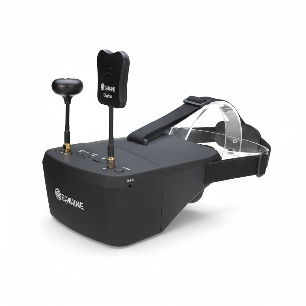 Black drone goggles with adjustable straps on a white background