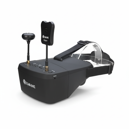 Black drone goggles with adjustable straps on a white background