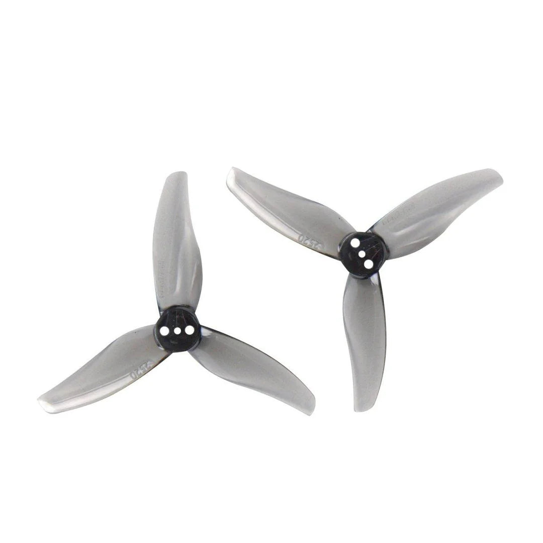 Two propellers with three blades each on a white background